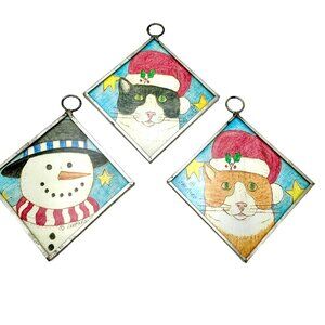 Handmade Glass Christmas Ornaments Susan Shepard 1999 Snowman Cats In Hats